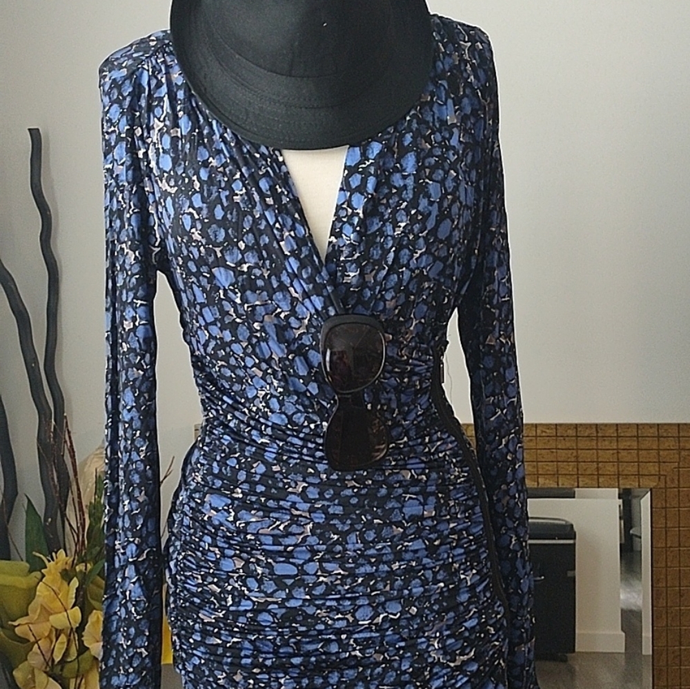 Draped long sleeve blue bebe dress with ripper detail